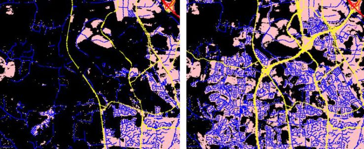 Urban impervious descriptor data, NC 540 corridor southwest of RDU, 2001 (left) and 2019.