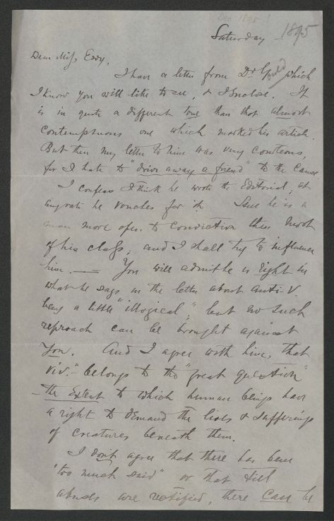 The first page of a manuscript letter written by Albert Leffingwell to Sarah James Eddy in 1895.