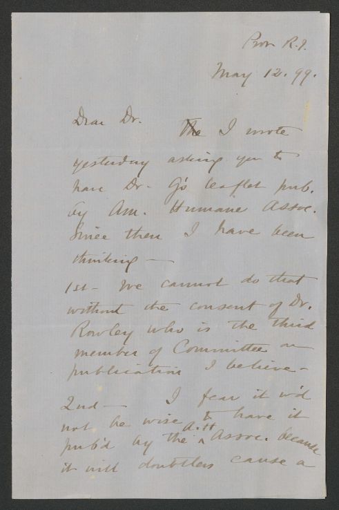 The first page of a manuscript letter written by Sarah James Eddy to Albert Leffingwell in 1899.