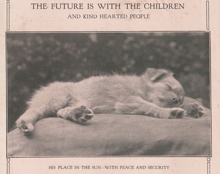 Image of a sleeping puppy from the cover of “The Future is with the Children,” 1930s.