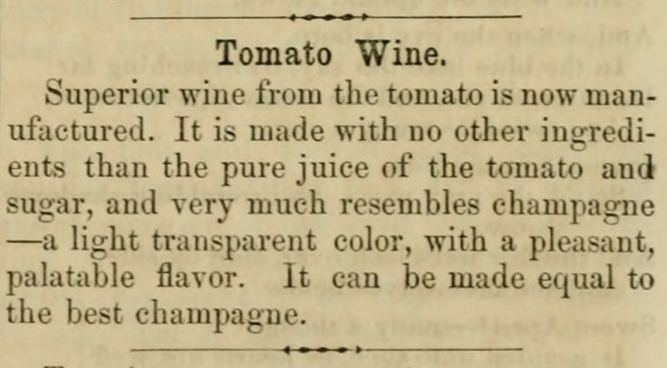 Tomato wine article from the Southern Planter, April 1859.