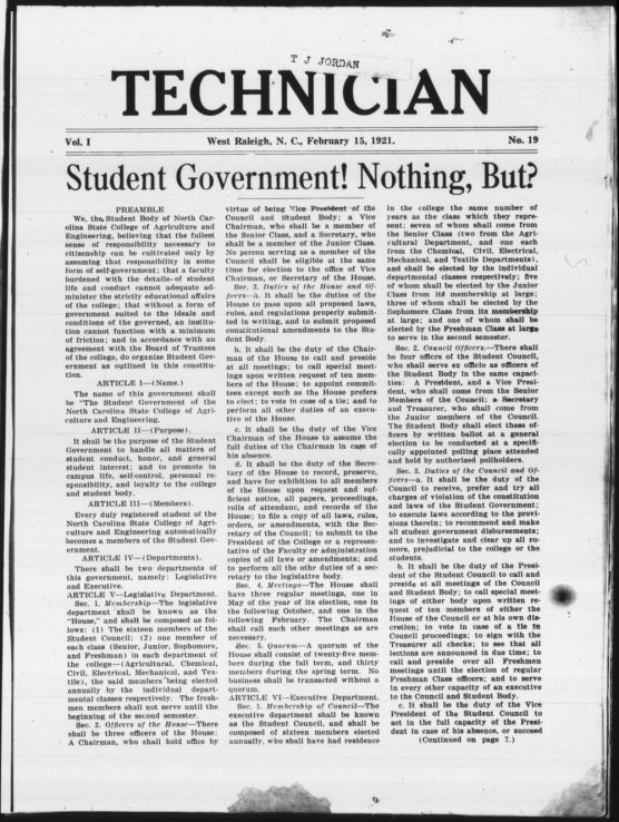 The Technician student newspaper published the student government constitition on 15 Feb. 1921.
