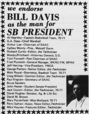 Endorsements for Bill Davis, from the 21 April 1971 Technician student newspaper.