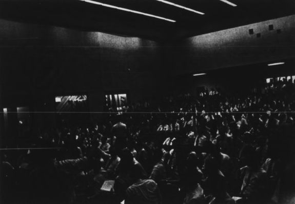 A full faculty meeting addressed the issue of whether or not to excuse students from class in order to attend the Peace Retreat, 13 May 1970.