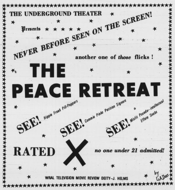 This Gene Dees cartoon in the 20 May 1970 Technician spoofed adult movie advertising, as well as WRAL-TV's condemnation of the Peace Retreat.