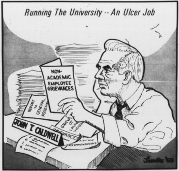 Editorial cartoon in the 28 Mar. 1969 Technician, showing Chancellor John Caldwell reading employees list of requests.