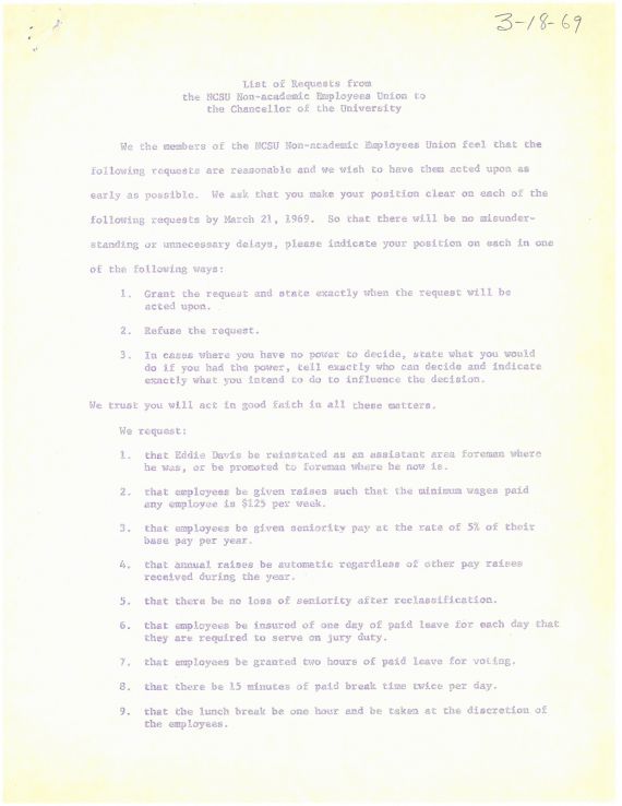 First page of list of requests made by the Non-Academic Employees Union