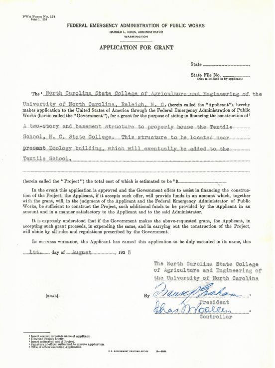 Application for funding for NC State's Nelson Hall, 1938.