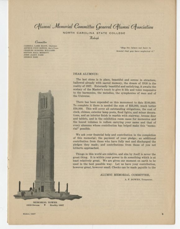Alumni celebrated with the Belltower shaft completion, from Alumni News, Mar. 1937, p. 5.