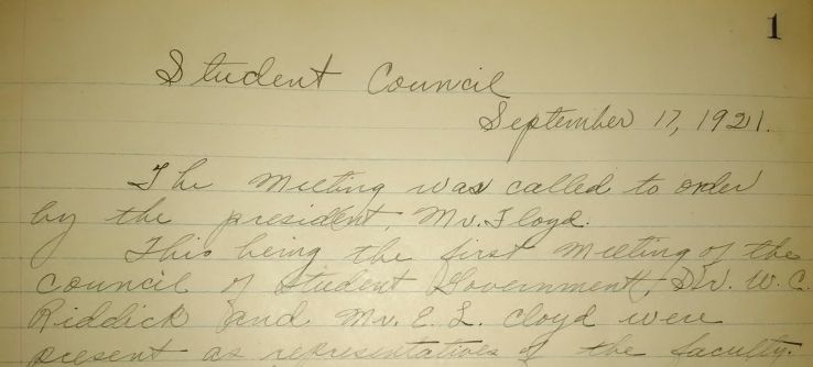 Minutes of the first Student Council meeting, 17 Sept. 1921.