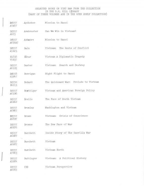 List of books available in D. H. Hill Jr. Library during the 1969 Moratorium, p. 1.